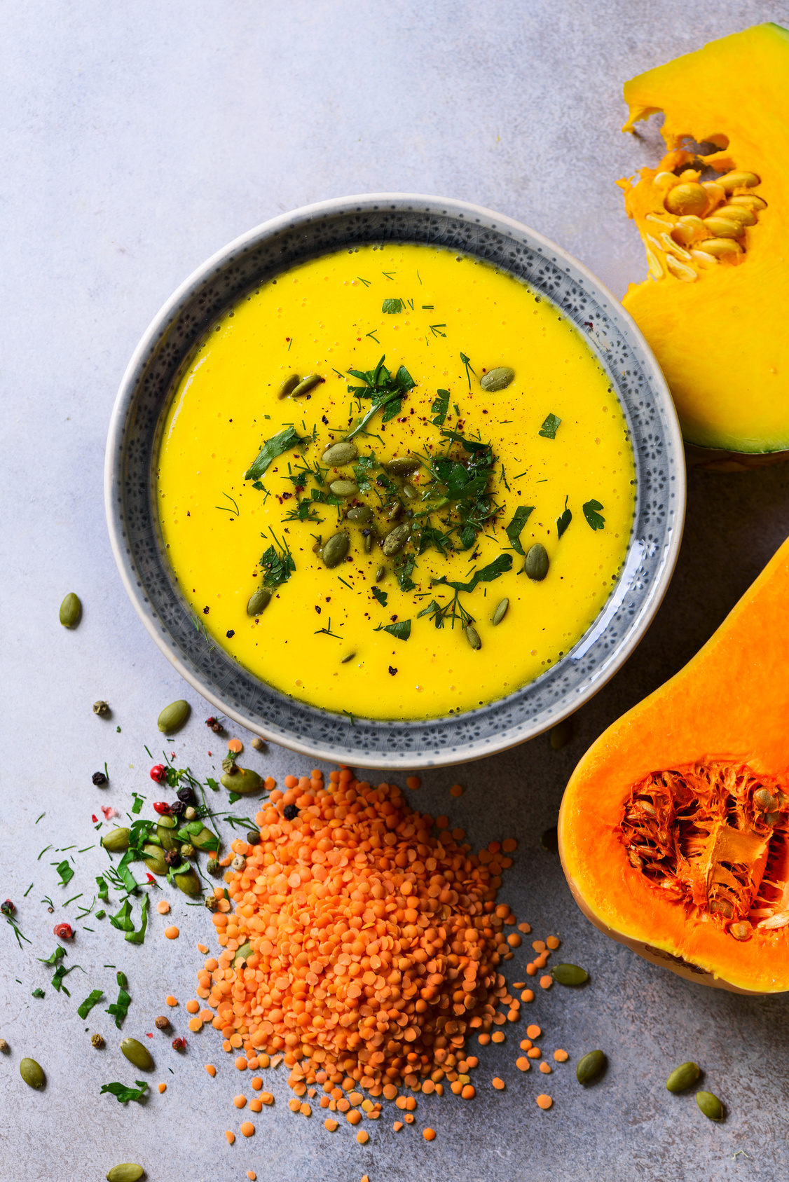 Butternut squash and coral lentil soup